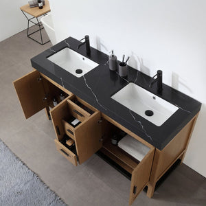 WINCHESTER 60” PECAN OAK WITH BLACK COUNTERTOP BATHROOM VANITY