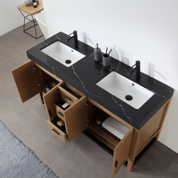 WINCHESTER 60” PECAN OAK WITH BLACK COUNTERTOP BATHROOM VANITY