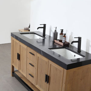 WINCHESTER 60” PECAN OAK WITH BLACK COUNTERTOP BATHROOM VANITY