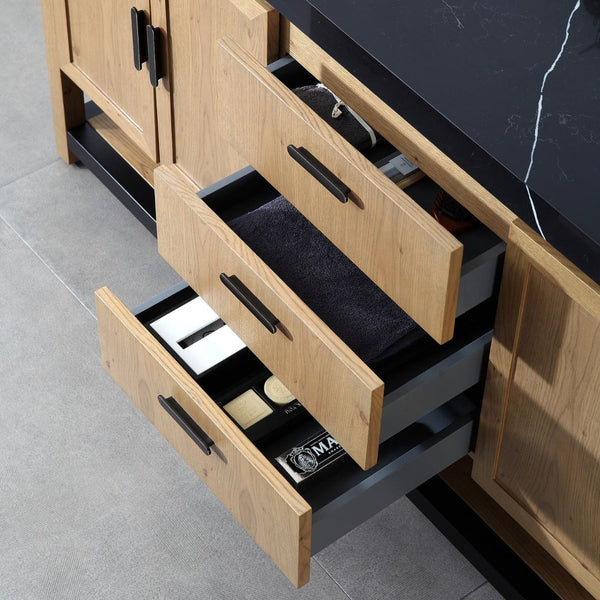 WINCHESTER 60” PECAN OAK WITH BLACK COUNTERTOP BATHROOM VANITY
