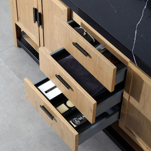 WINCHESTER 60” PECAN OAK WITH BLACK COUNTERTOP BATHROOM VANITY