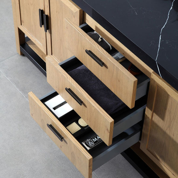 WINCHESTER 60” PECAN OAK WITH BLACK COUNTERTOP BATHROOM VANITY