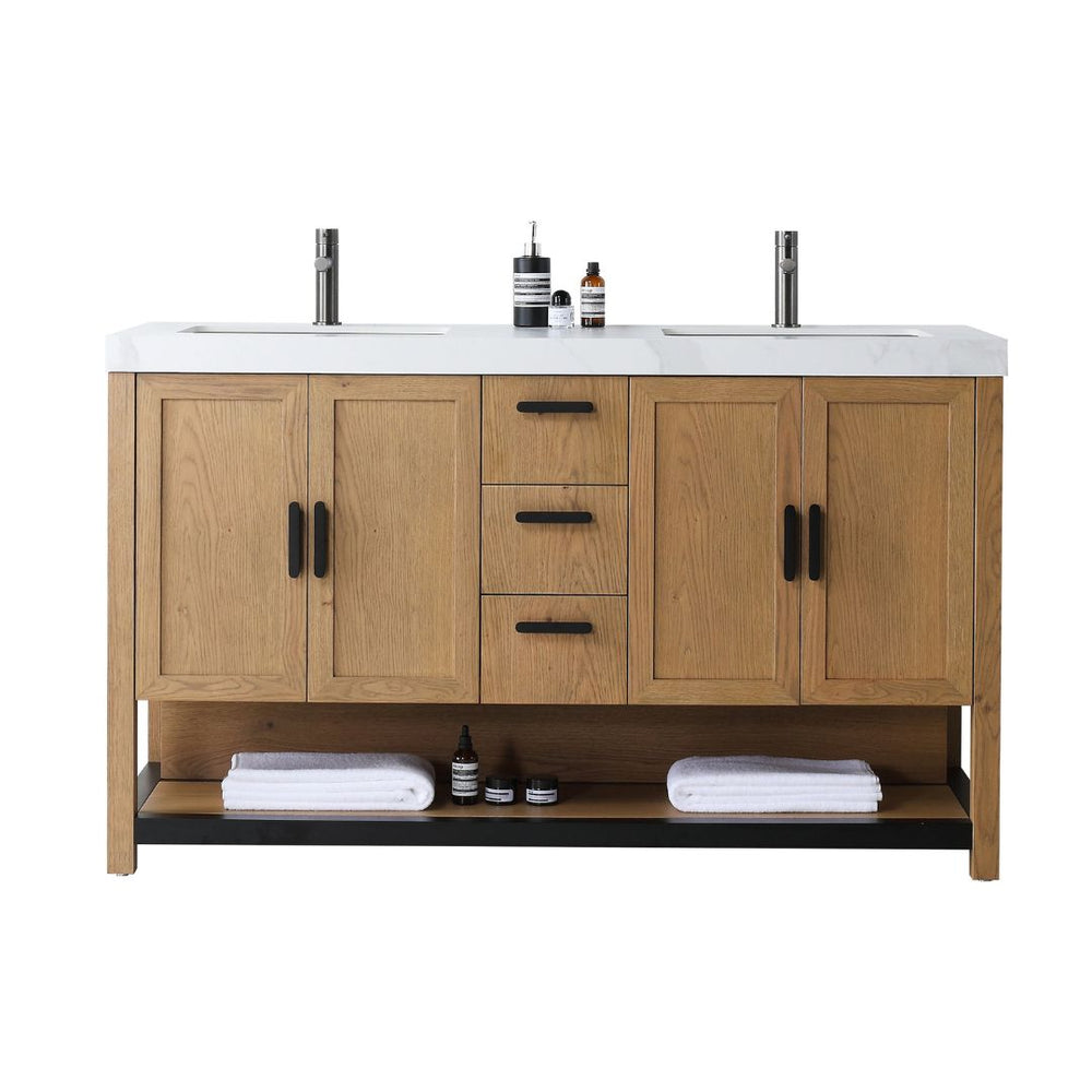 WINCHESTER 60” PECAN OAK WITH WHITE COUNTERTOP BATHROOM VANITY