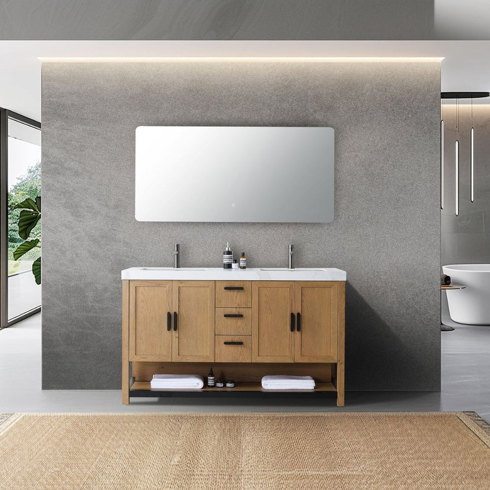 WINCHESTER 60” PECAN OAK WITH WHITE COUNTERTOP BATHROOM VANITY