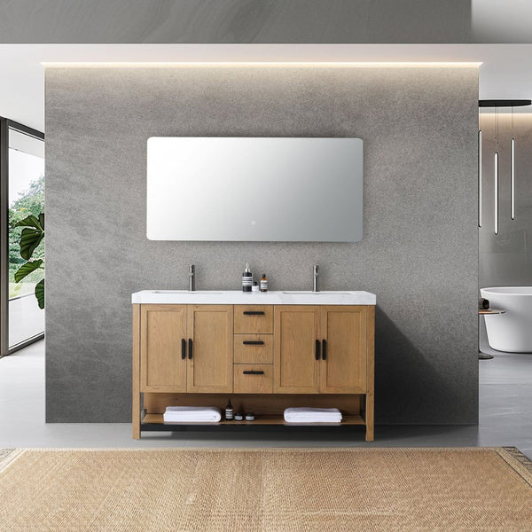WINCHESTER 60” PECAN OAK WITH WHITE COUNTERTOP BATHROOM VANITY