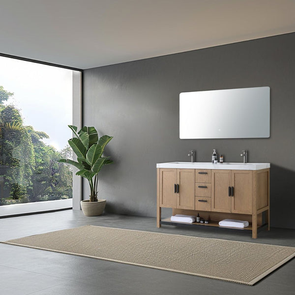 WINCHESTER 60” PECAN OAK WITH WHITE COUNTERTOP BATHROOM VANITY
