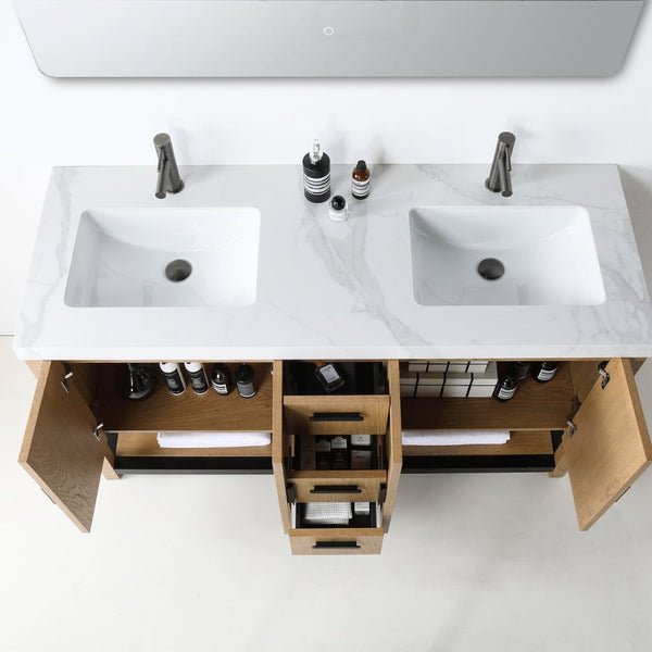 WINCHESTER 60” PECAN OAK WITH WHITE COUNTERTOP BATHROOM VANITY