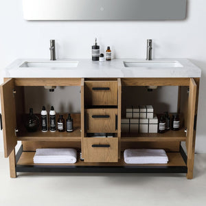 WINCHESTER 60” PECAN OAK WITH WHITE COUNTERTOP BATHROOM VANITY