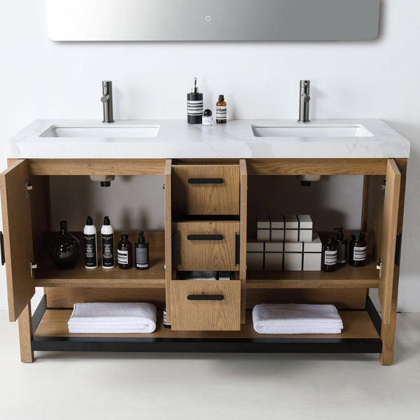 WINCHESTER 60” PECAN OAK WITH WHITE COUNTERTOP BATHROOM VANITY