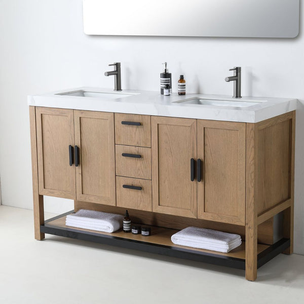 WINCHESTER 60” PECAN OAK WITH WHITE COUNTERTOP BATHROOM VANITY