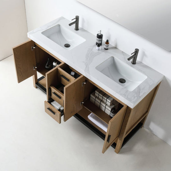 WINCHESTER 60” PECAN OAK WITH WHITE COUNTERTOP BATHROOM VANITY