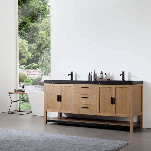 WINCHESTER 72” PECAN OAK WITH BLACK COUNTERTOP BATHROOM VANITY