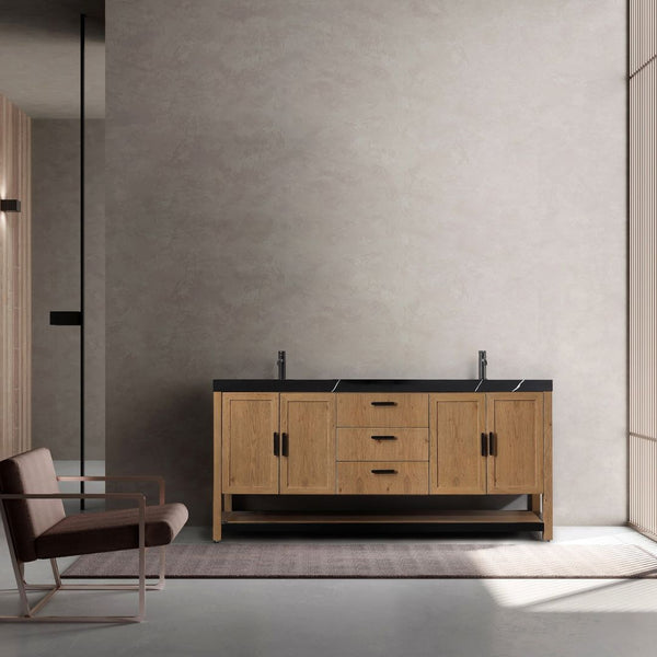 WINCHESTER 72” PECAN OAK WITH BLACK COUNTERTOP BATHROOM VANITY