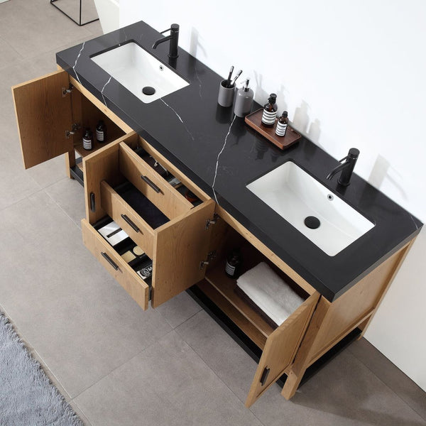 WINCHESTER 72” PECAN OAK WITH BLACK COUNTERTOP BATHROOM VANITY