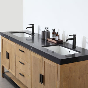 WINCHESTER 72” PECAN OAK WITH BLACK COUNTERTOP BATHROOM VANITY