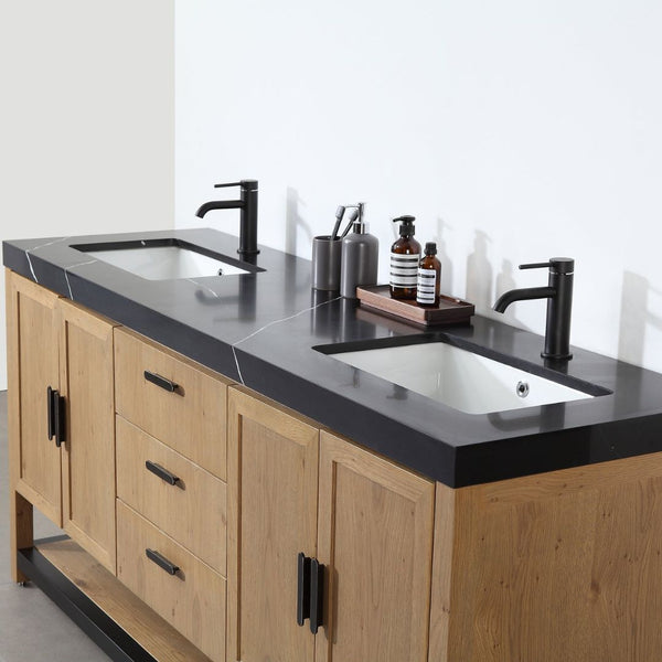 WINCHESTER 72” PECAN OAK WITH BLACK COUNTERTOP BATHROOM VANITY