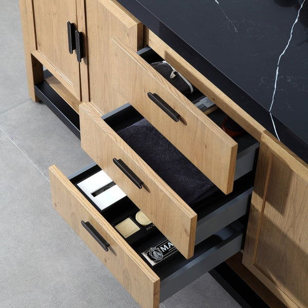 WINCHESTER 72” PECAN OAK WITH BLACK COUNTERTOP BATHROOM VANITY
