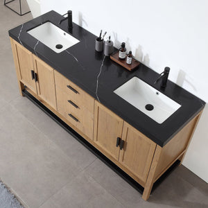 WINCHESTER 72” PECAN OAK WITH BLACK COUNTERTOP BATHROOM VANITY