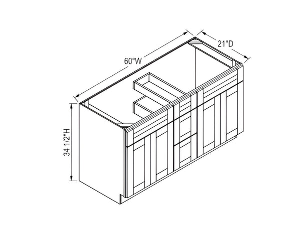 French Grey- Vanity Sink Drawer Base Cab - 60"W x 34 1/2"H x 21"D - 3 Dr, 2 Fake Drawer, 4D