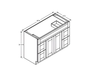 French Grey- Vanity Sink Drawer Base Cab - 60"W x 34 1/2"H x 21"D - 4 Dr, 1 Fake Drawer, 2D