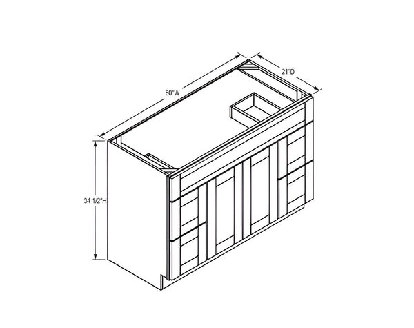 French Grey- Vanity Sink Drawer Base Cab - 60"W x 34 1/2"H x 21"D - 4 Dr, 1 Fake Drawer, 2D