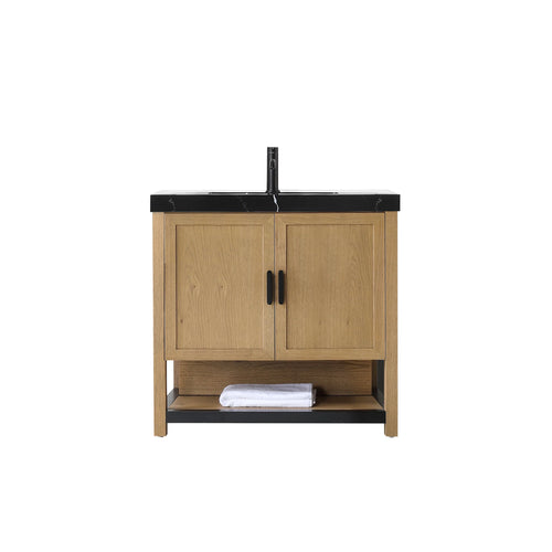 WINCHESTER 36” PECAN OAK BATHROOM VANITY ( BLACK/WHITE COUNTERTOP )