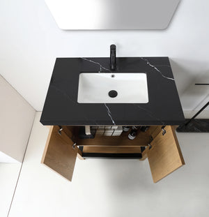 WINCHESTER 36” PECAN OAK BATHROOM VANITY ( BLACK/WHITE COUNTERTOP )