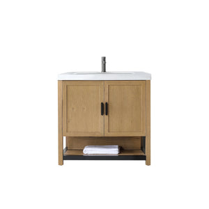WINCHESTER 36” PECAN OAK BATHROOM VANITY ( BLACK/WHITE COUNTERTOP )