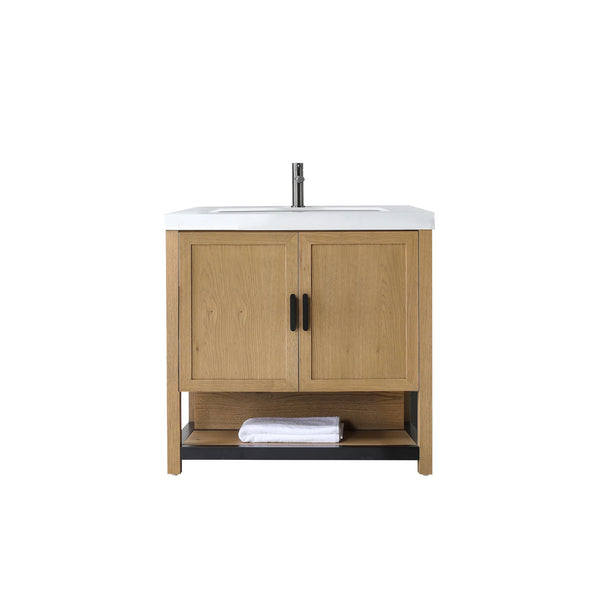 WINCHESTER 36” PECAN OAK BATHROOM VANITY ( BLACK/WHITE COUNTERTOP )