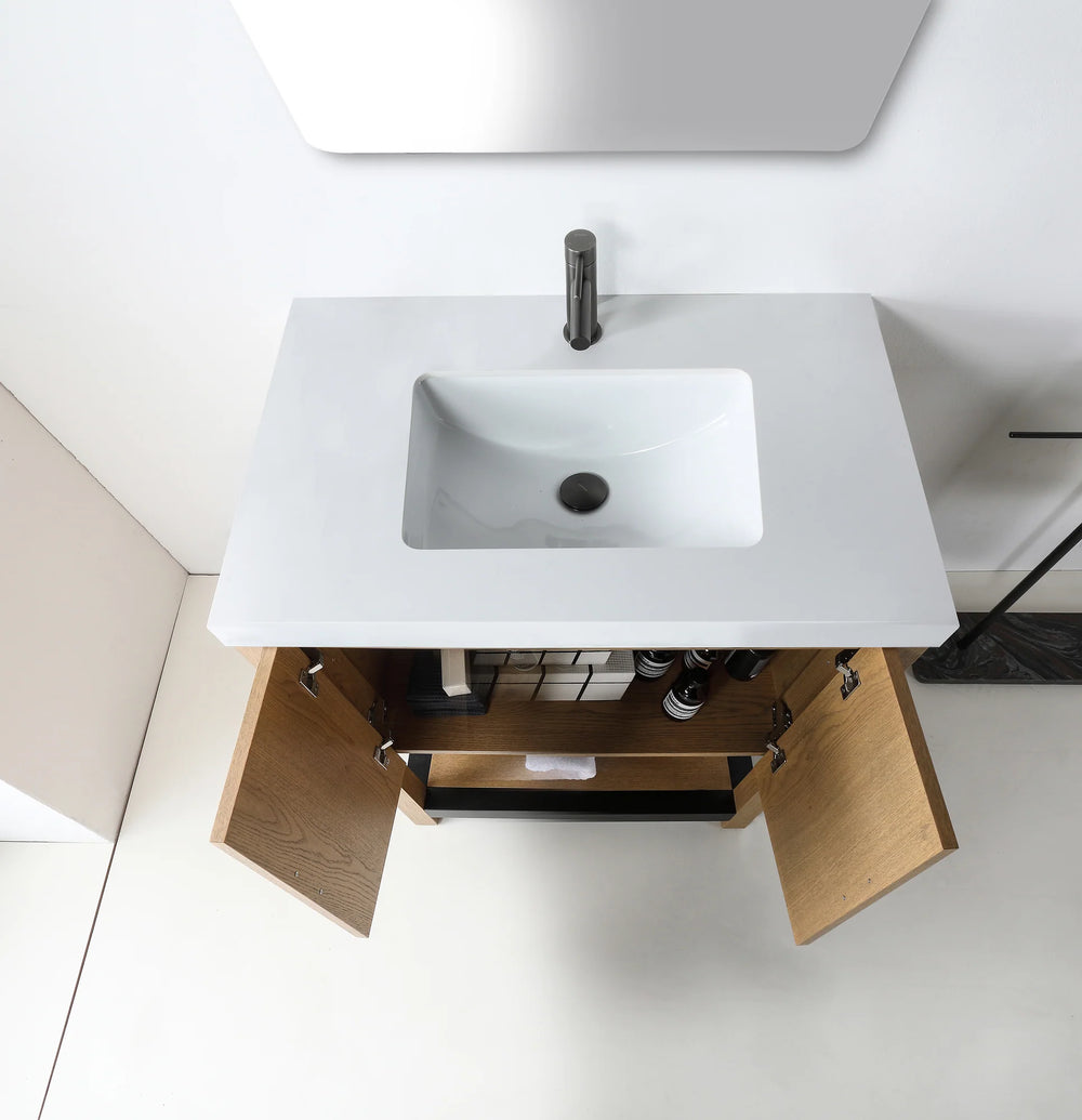 WINCHESTER 36” PECAN OAK BATHROOM VANITY ( BLACK/WHITE COUNTERTOP )
