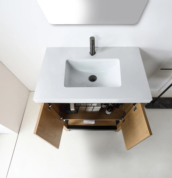 WINCHESTER 36” PECAN OAK BATHROOM VANITY ( BLACK/WHITE COUNTERTOP )