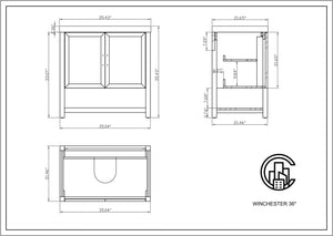 WINCHESTER 36” PECAN OAK BATHROOM VANITY ( BLACK/WHITE COUNTERTOP )