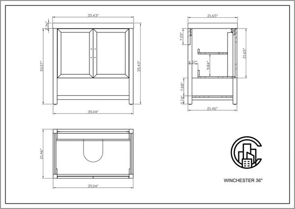 WINCHESTER 36” PECAN OAK BATHROOM VANITY ( BLACK/WHITE COUNTERTOP )