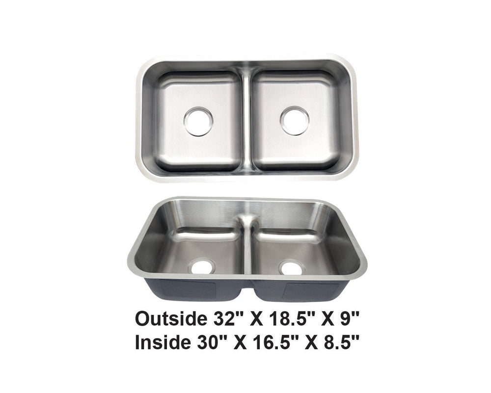Double Bowl Stainless Steel Kitchen Sink (50/50) 32.25” x 18.5” x 9.5