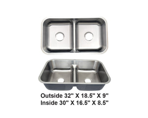 Double Bowl Stainless Steel Kitchen Sink (50/50) 32.25” x 18.5” x 9.5