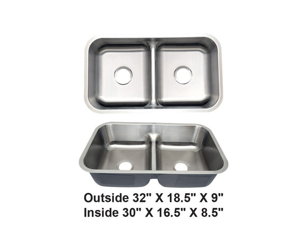 Double Bowl Stainless Steel Kitchen Sink (50/50) 32.25” x 18.5” x 9.5